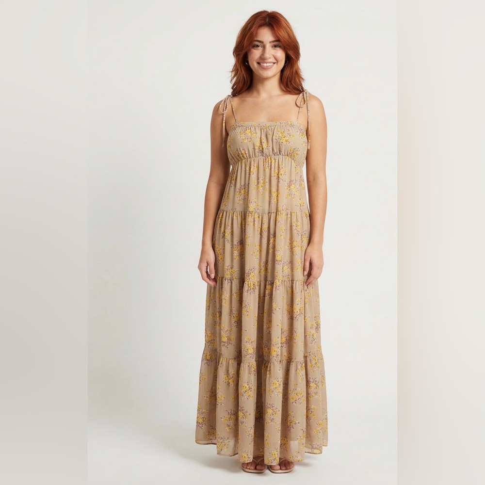 Storia Floral Empire Waist Tiered Midi Dress Feminine‎ Tan Size: Small Milkmaid